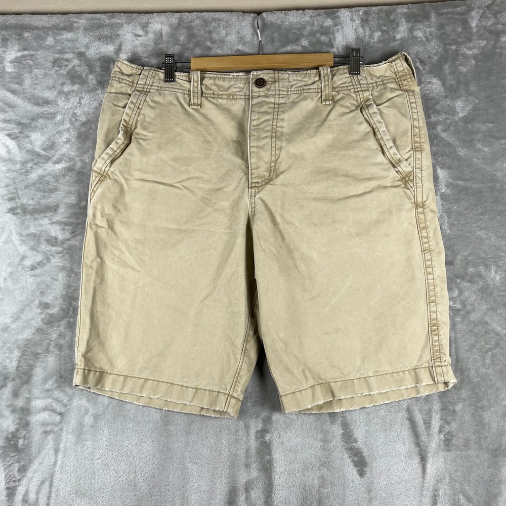 Abercrombie & Fitch Shorts Mens 38 Tan Chino Button Fly Distressed Hem Y2K Heavy